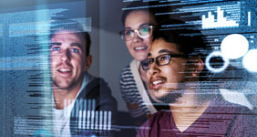 A group of people working on computers with code and data visualizations overlaid on the image. The overlay includes lines of code, bar charts, and circular diagrams.